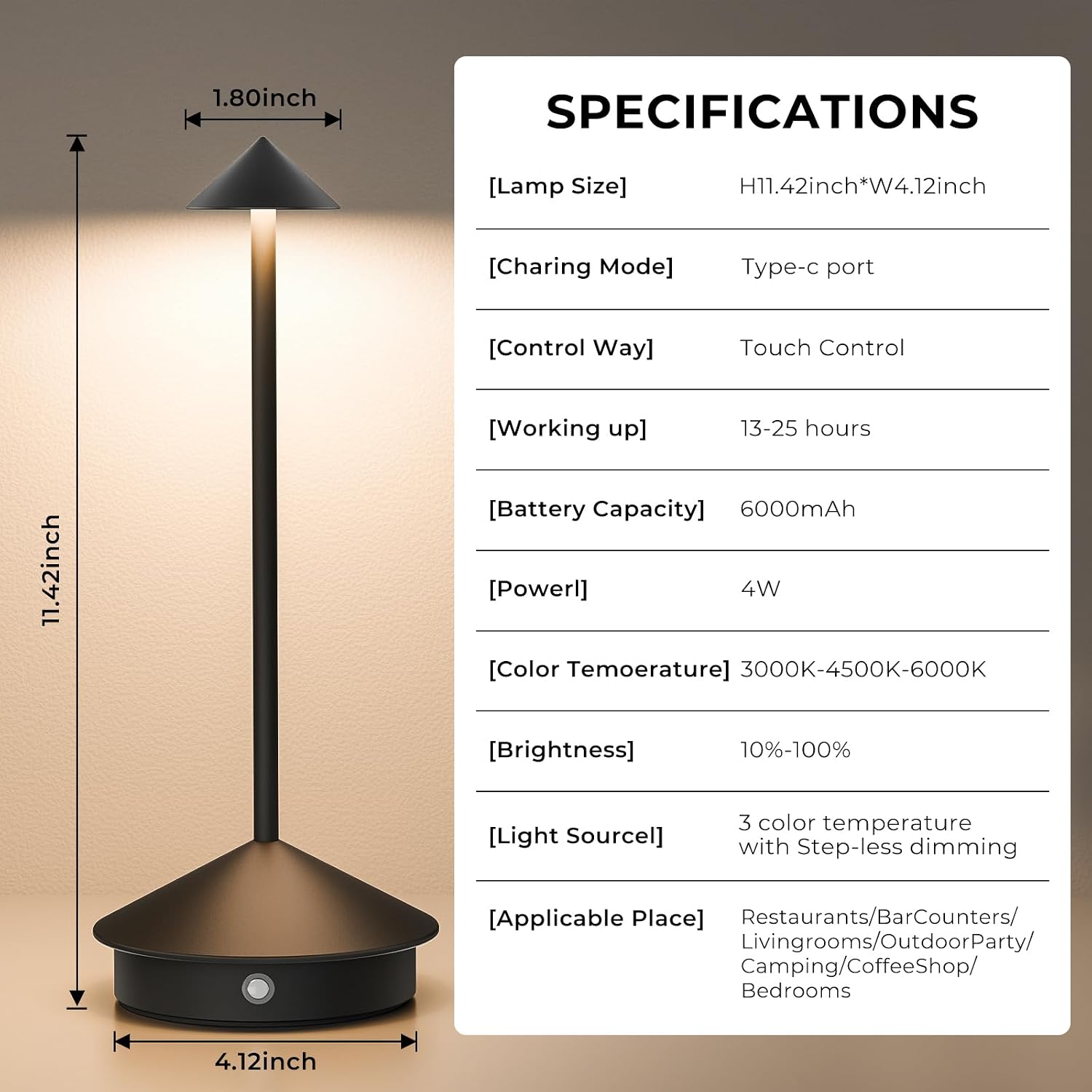 Cordless Rechargeable Table Lamps, 6000 mAh - 2 Pack, 3 Colour Stepless Dimming