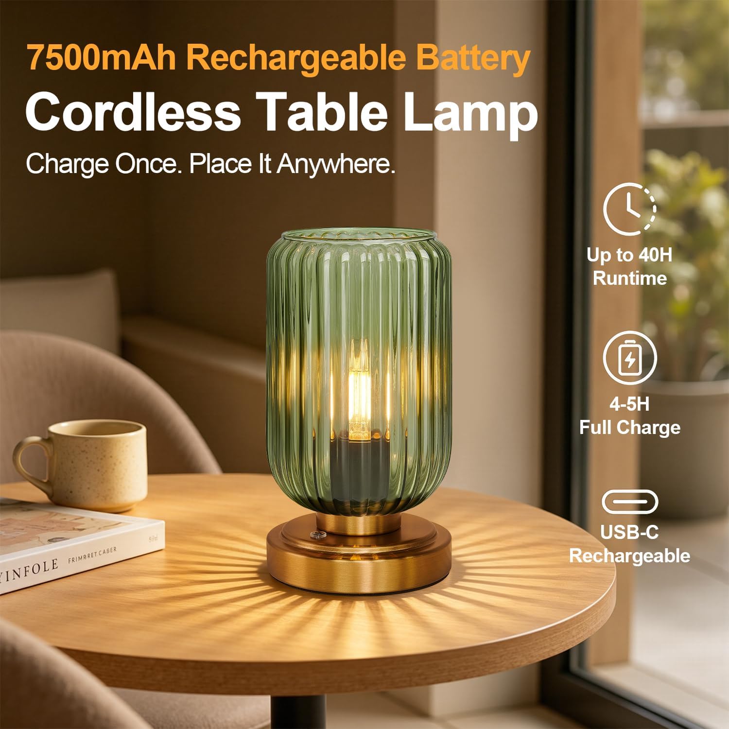 Cordless Table Lamp, 7500 mAh - Green Glass Shade, Brushed Gold Base, Touch Dimming