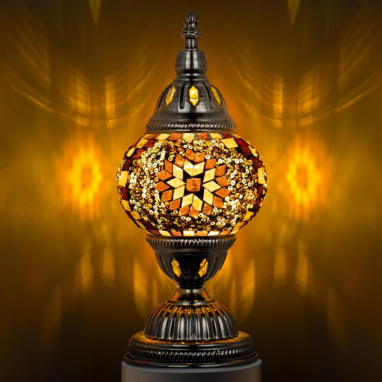 Turkish Mosaic Stained Glass Table Lamp, Single Globe with Bronze Base - Design 2