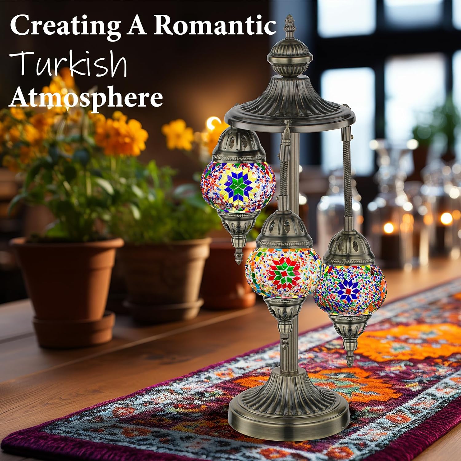 Turkish Mosaic Table Lamp with 3 Globes, 23 in - Handmade, Bronze Base