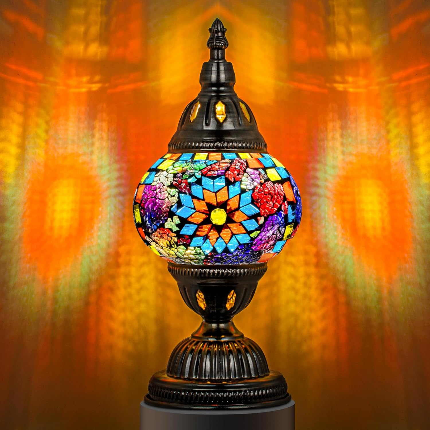 Turkish Mosaic Stained Glass Table Lamp, Single Globe with Bronze Base - Design 3
