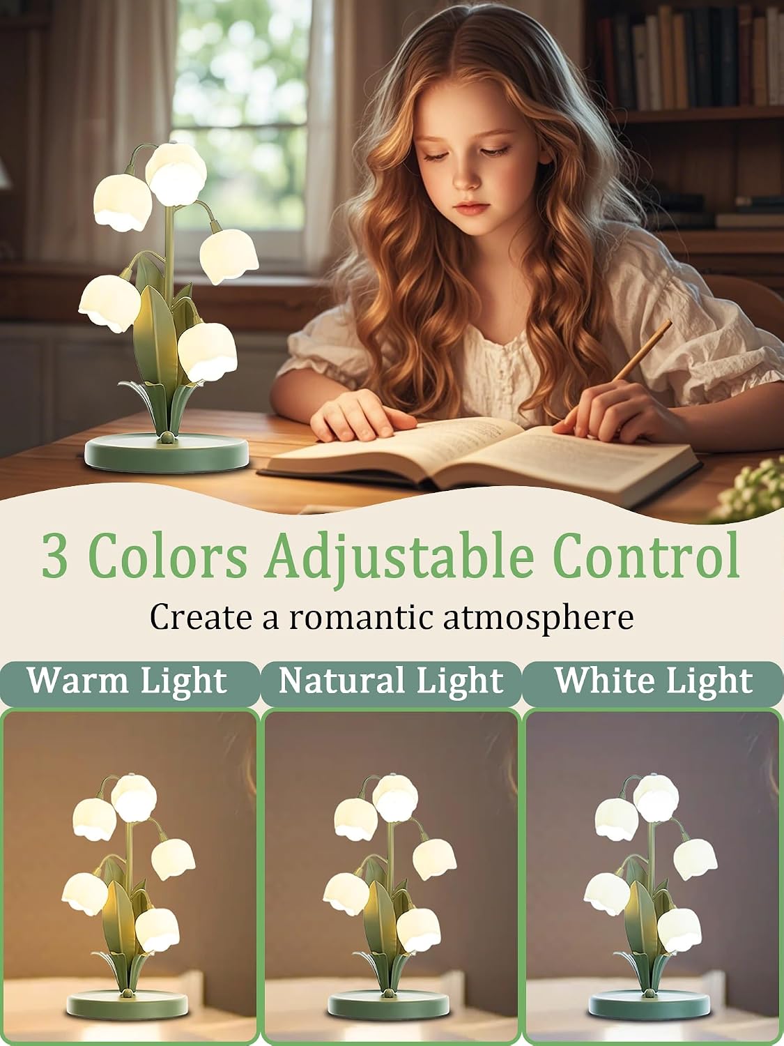 Lily of the Valley Flower Table Lamp, 5 Stems - 3 Colour Modes, G4 Bulb Included