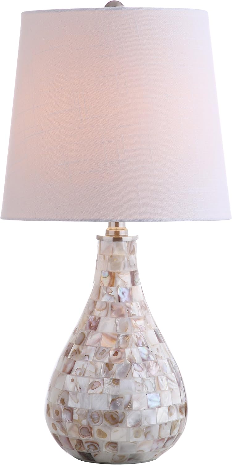 Coastal Mini Table Lamp, 20.5 in - Mother of Pearl Resin Body, White Linen Drum Shade