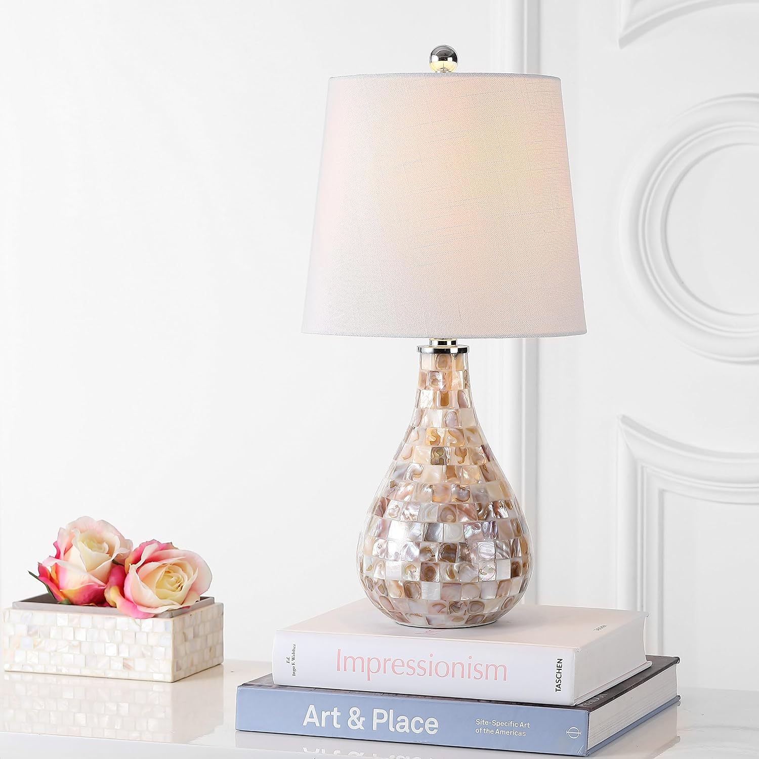 Coastal Mini Table Lamp, 20.5 in - Mother of Pearl Resin Body, White Linen Drum Shade