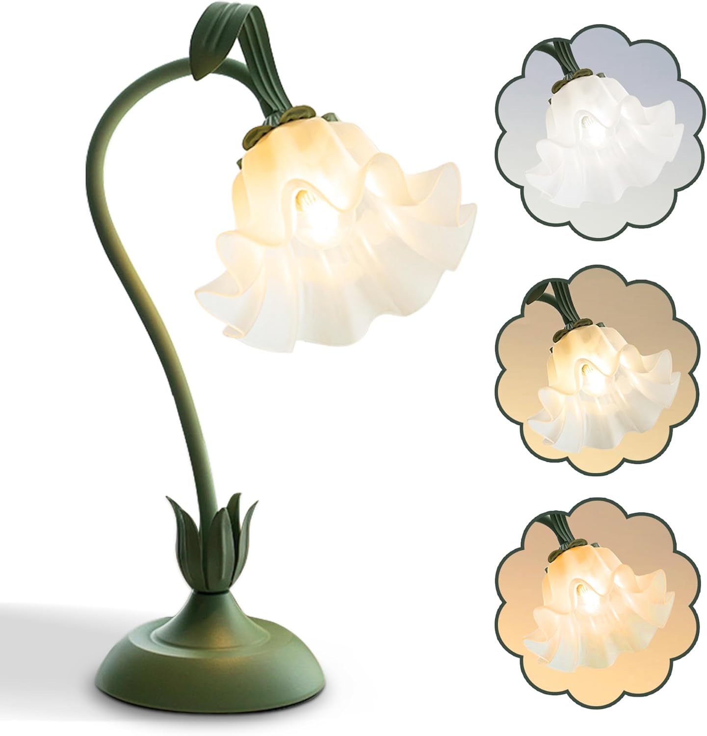Flower Table Lamp with LED Reading Light, Green - 3 Colour Modes