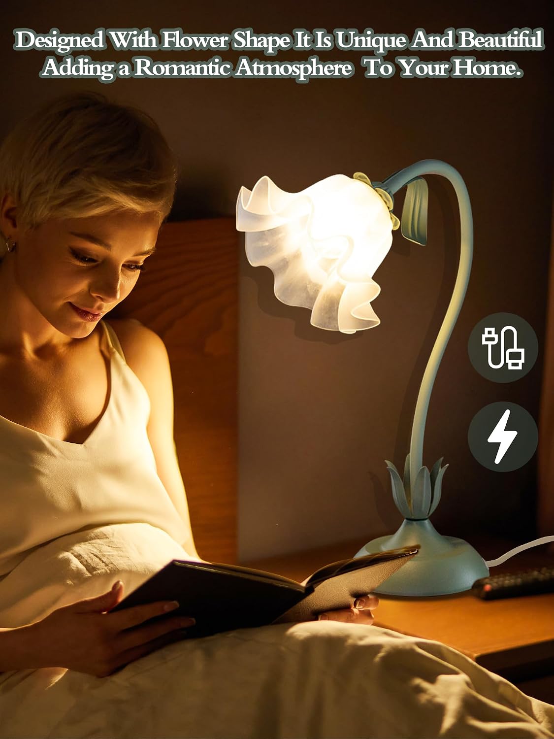 Flower Table Lamp with LED Reading Light, Green - 3 Colour Modes