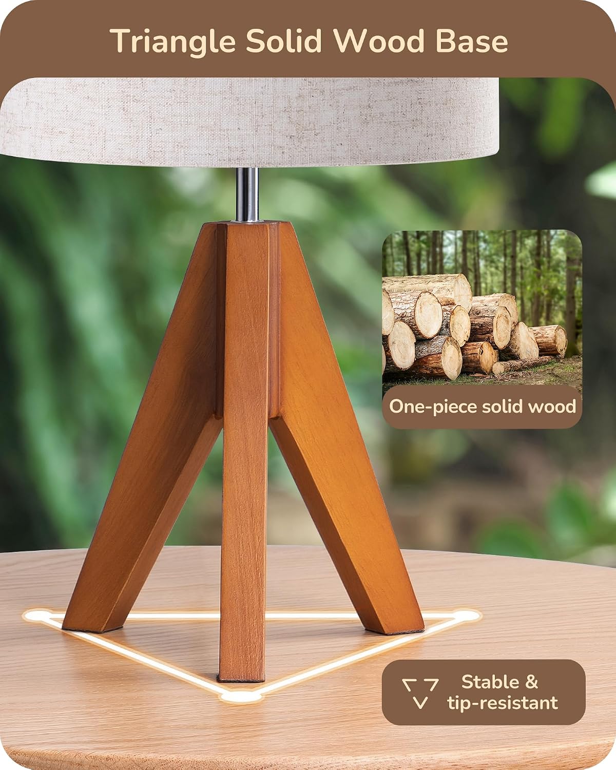 Tripod Table Lamp, 14.2 in - Wooden Base, Linen Beige Shade, E26 Fitting