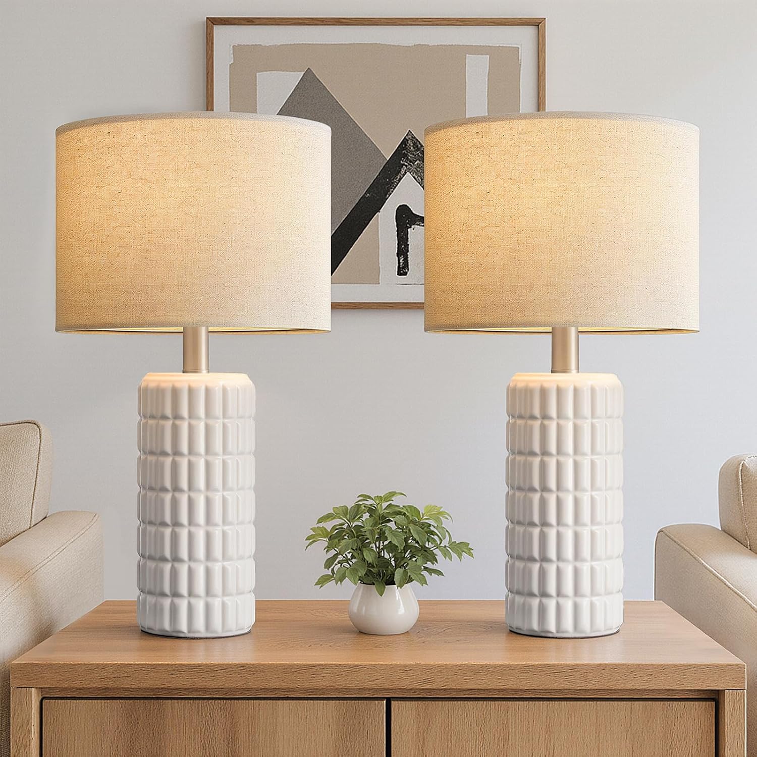 Ceramic Table Lamps, 23 in - Set of 2, White with Linen Shades