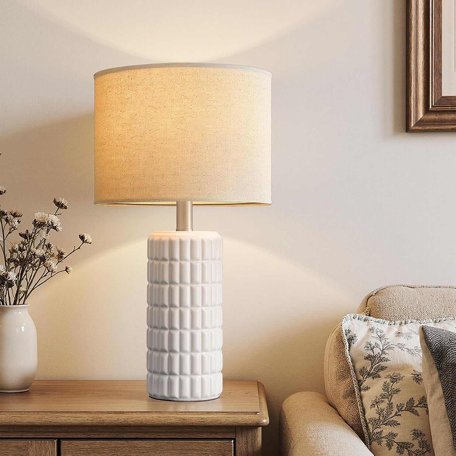 Ceramic Table Lamps, 23 in - Set of 2, White with Linen Shades